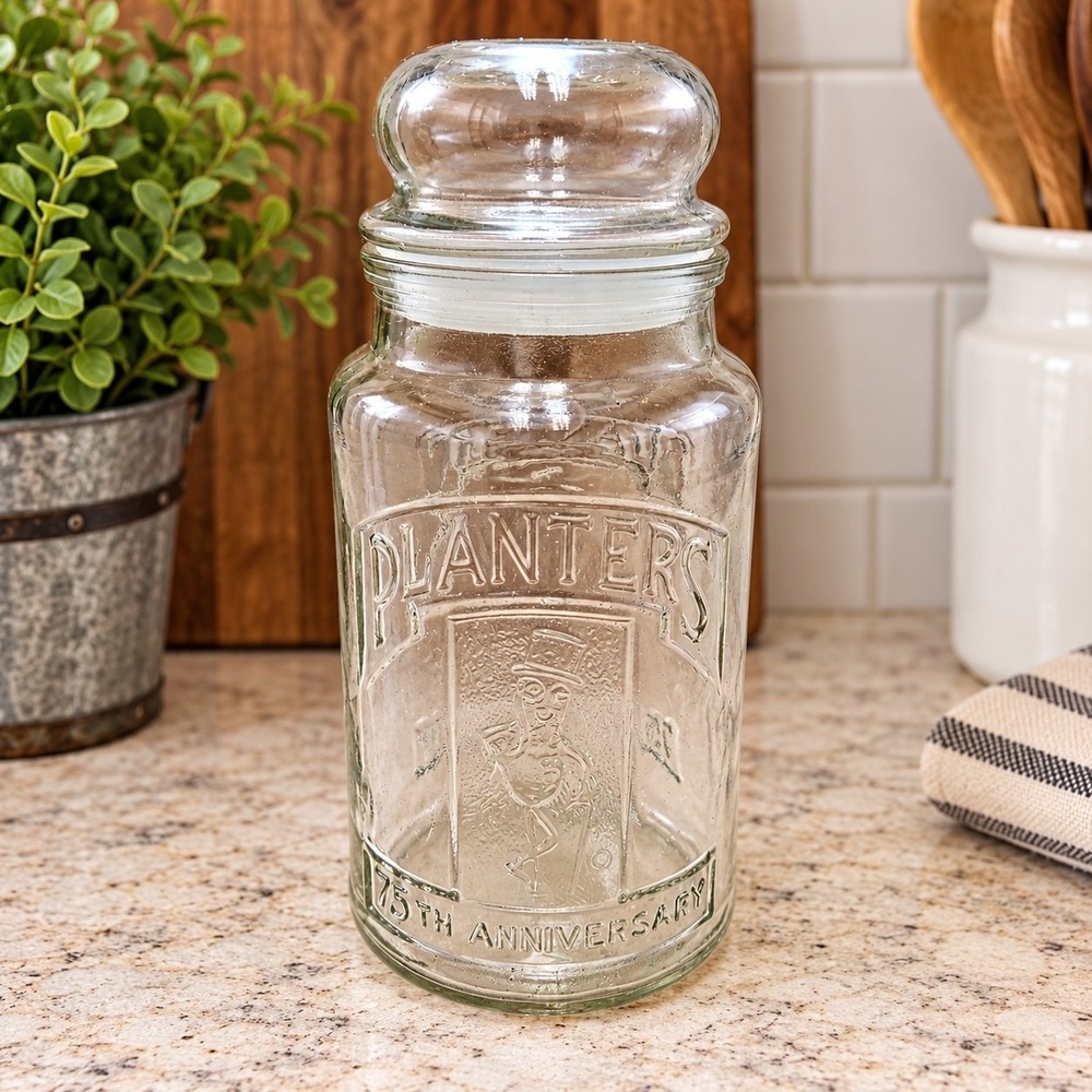 Planters Peanuts 75th Anniversary Vintage Glass Jar with Lid 1906-1981 8 inches